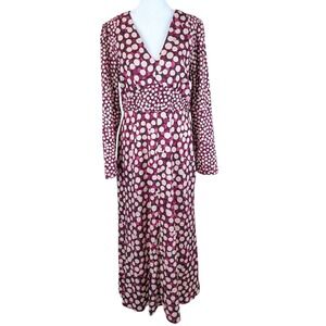 Donna Morgan Polka Dots Midi Dress Sz 12 Wine Pink V-Neck Pockets Retro Bohemian